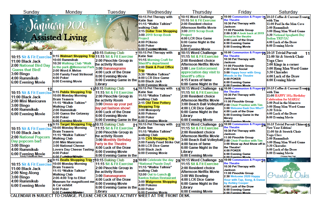 Grand Oaks of Jensen Beach Calendar Grand Oaks Senior Living